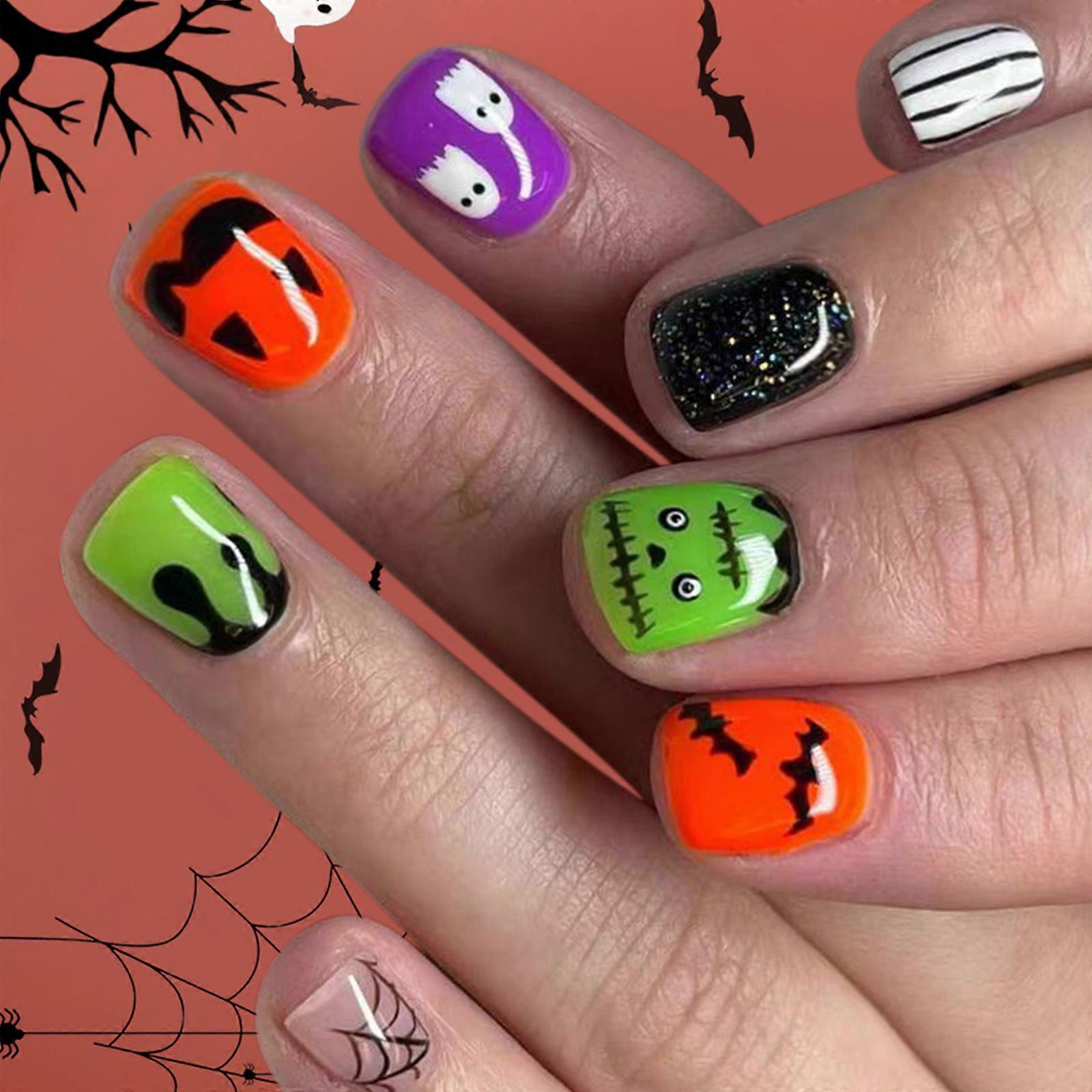 Short Square Sparkling Artificial Nail Halloween Cobweb Bat Pattern Design 24Pieces Press On Tip Multicolor