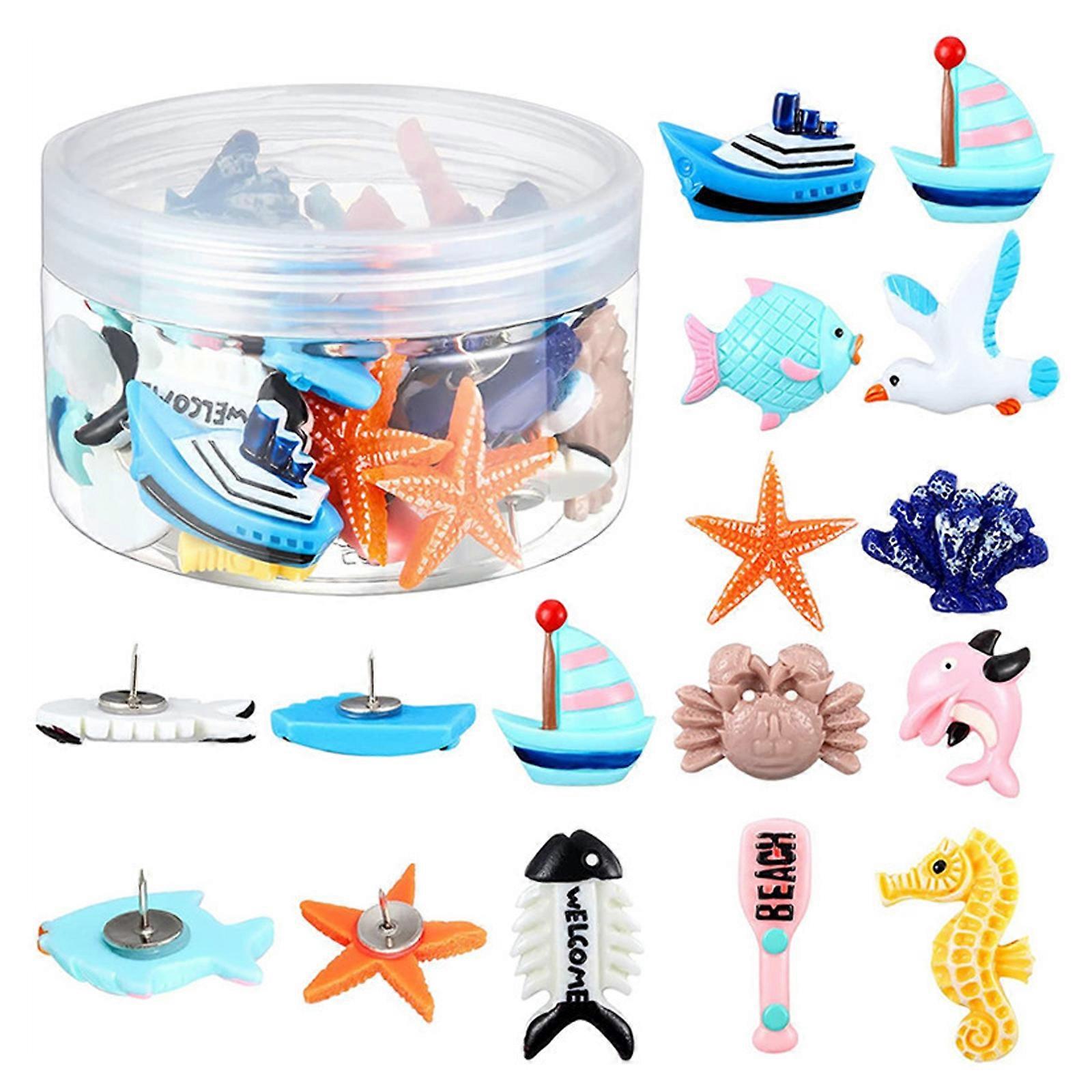 36Pcs Plastic Ocean Theme Thumbtacks Safe Design Push Pins with Storage Box for Wall Decorations School and Office Use Multicolor