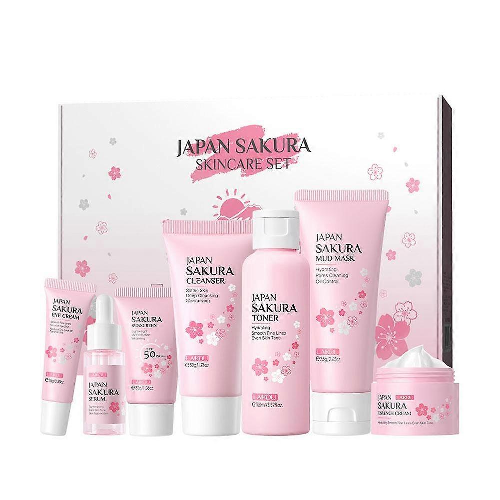 Kit completo de cuidados com a pele com 7 peças: hidrata, suaviza rugas e uniformiza o tom da pele. Ideal para rotina diurna e noturna.