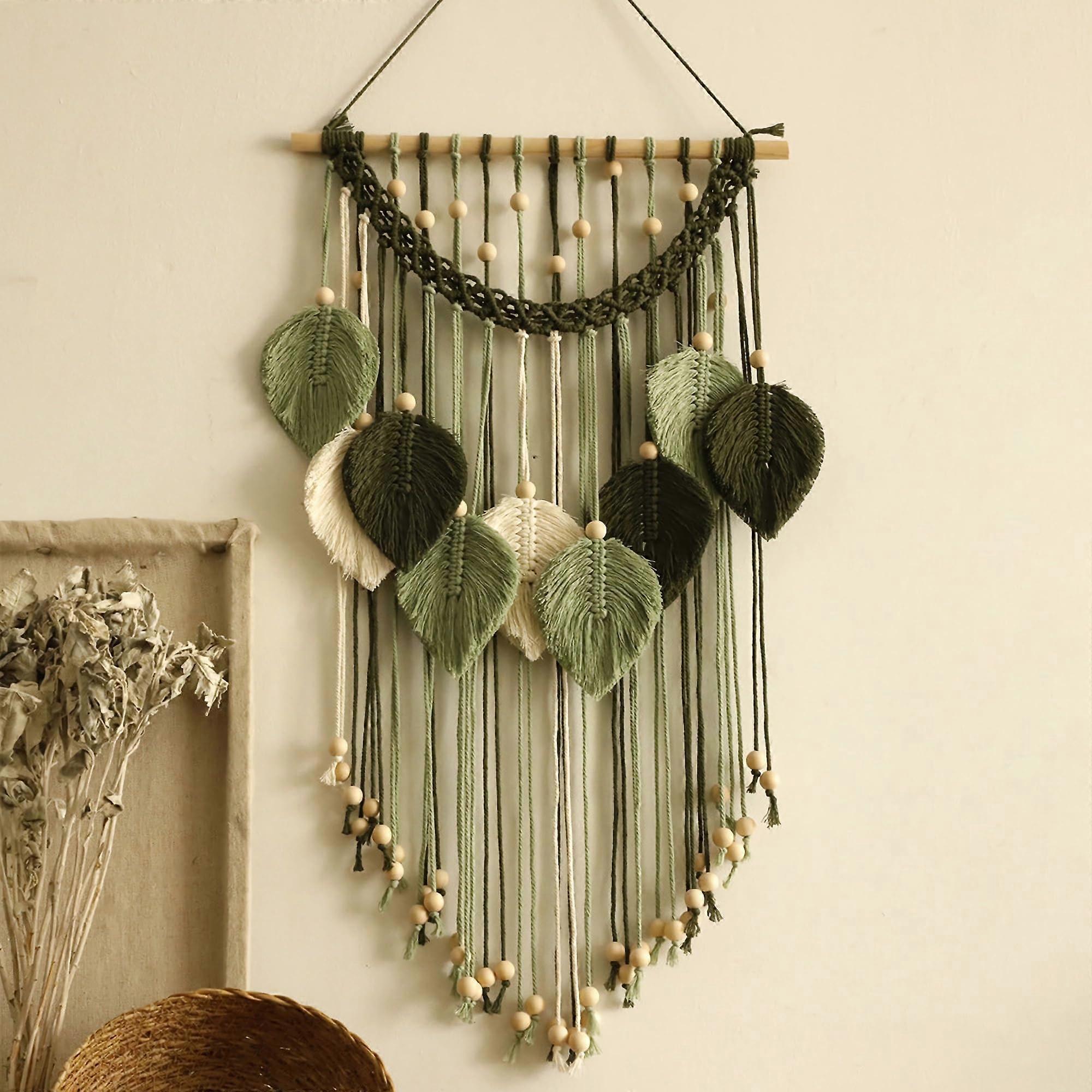 Macrame Wall Hanging with Beads and Tassels, Boho Leaf Feather Tapestry for Home Decor
