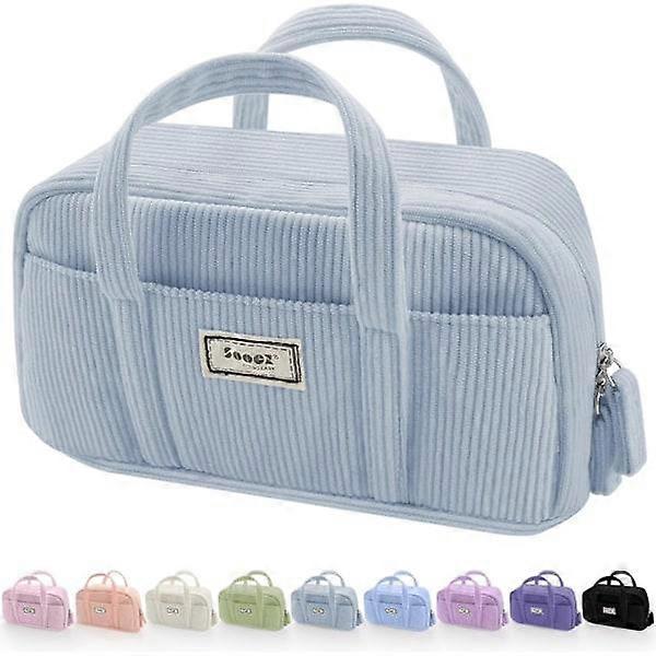 Extra Large Pencil Case with 5 Compartments, Wide Opening, Soft Corduroy Organizer with Zipper - Beige Blue