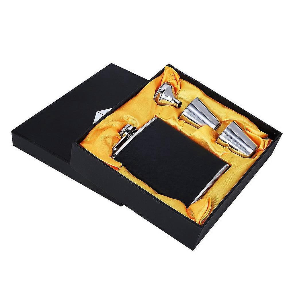 Liquor Flask Stainless Steel Hip Flask Black Leather Flask Funnel with Two Wine Cups Set(7 Ounce)