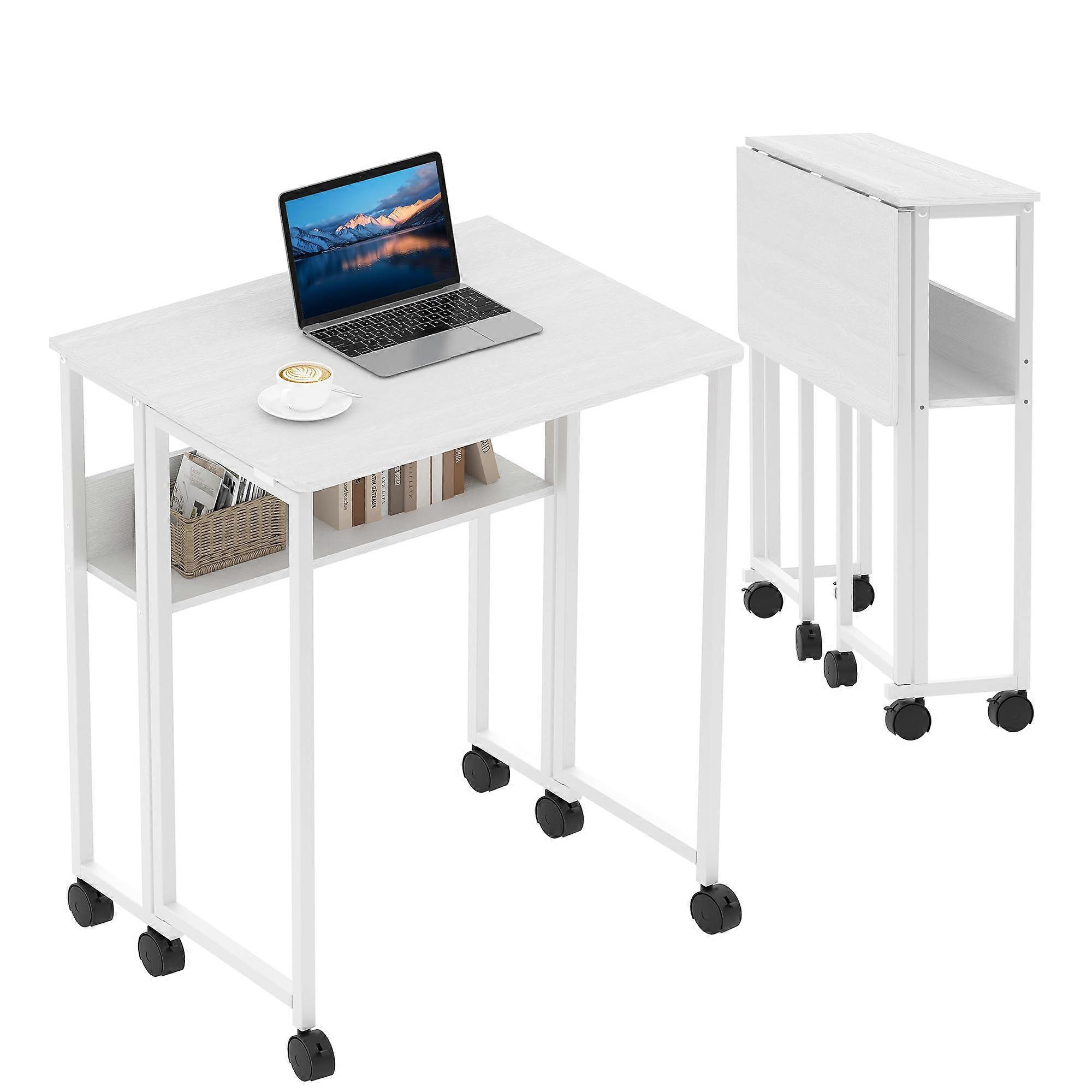 Folding Desk with Storage Shelf and Wheels, 24.8in Small Computer Table for Home Office Study
