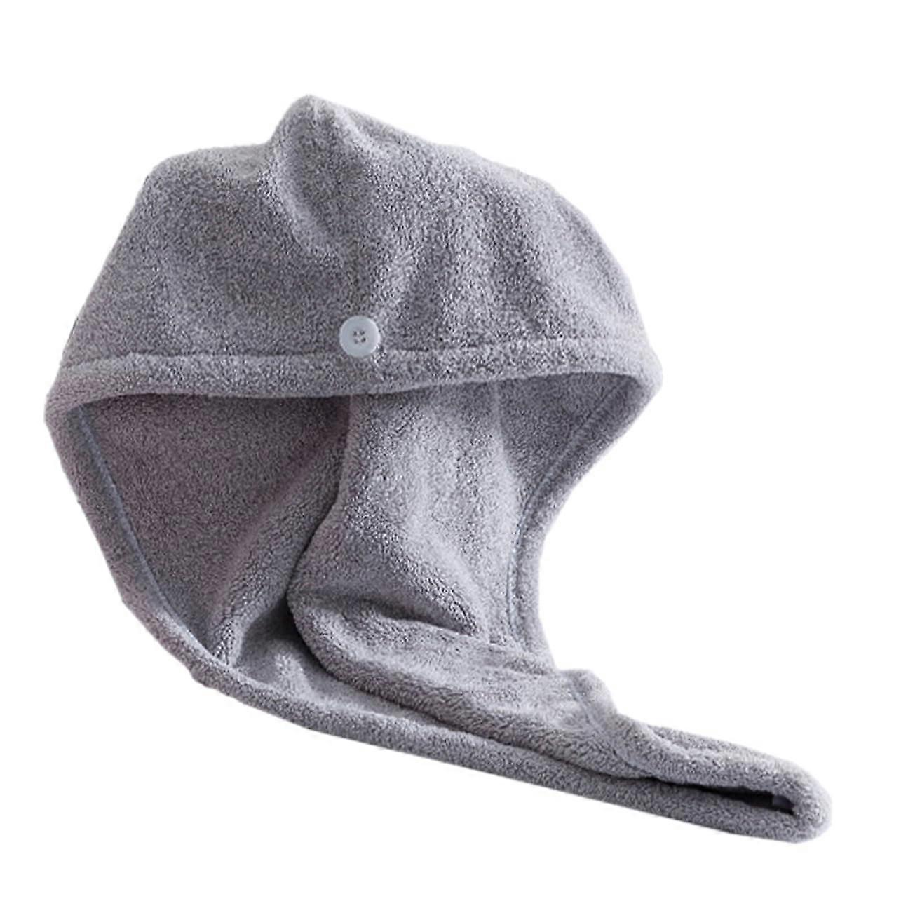 Hair Drying Towel Wrap Microfiber Cap with Button Fast Moisture Absorption Quick Dry Grey