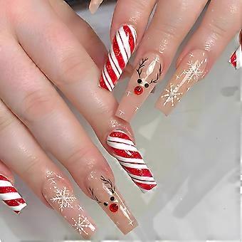 Christmas Press on Nails Long Acrylic, Fake Nails with Glue, 24pcs Reusable Set for Women Girls