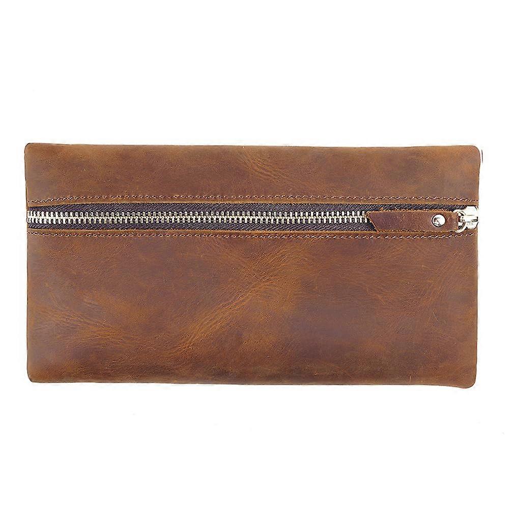 Brown Leather Pencil Case Organizer with Spacious Interior Storage for Work and Office