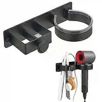 Black wall-mounted hairdryer holder with multiple hooks and slots - no drilling required perfect for organizing hair