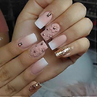 Pink Flower Embossed Press on Nails Square Medium Acrylic Fake Nails Gradient Pink White Reusable