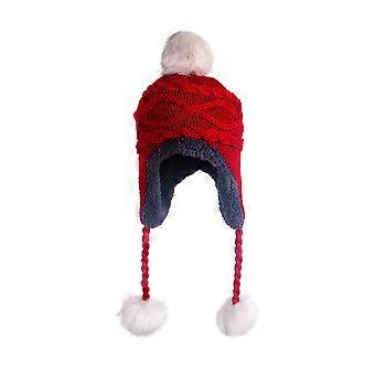 Knitting Wool Hat Winter Warm Knit Wool Hat for Wearing with Dual Ball Pom and Ear Flap S Red