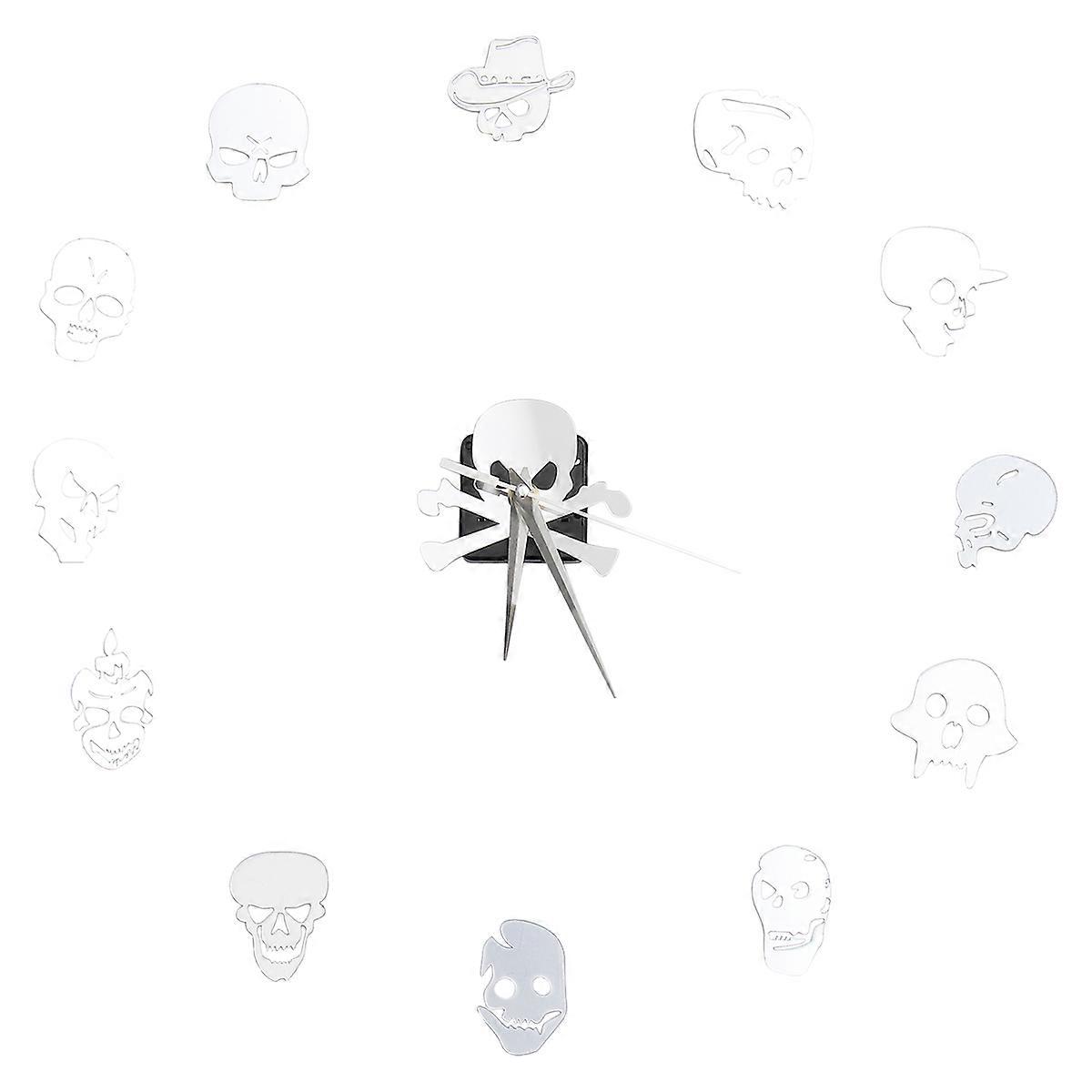 Mirror Surface Skull Skeleton Wall Clock Acrylic DIY Decoration Silver