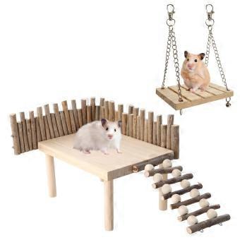 2 stuks houten hamsterplatform met omheining, schommel en klimladder voor kleine huisdieren