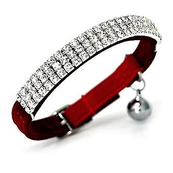 Soft Velvet Safe Cat Adjustable Collar Bling Diamante with Bells for Small Dogs and Cats (Red)