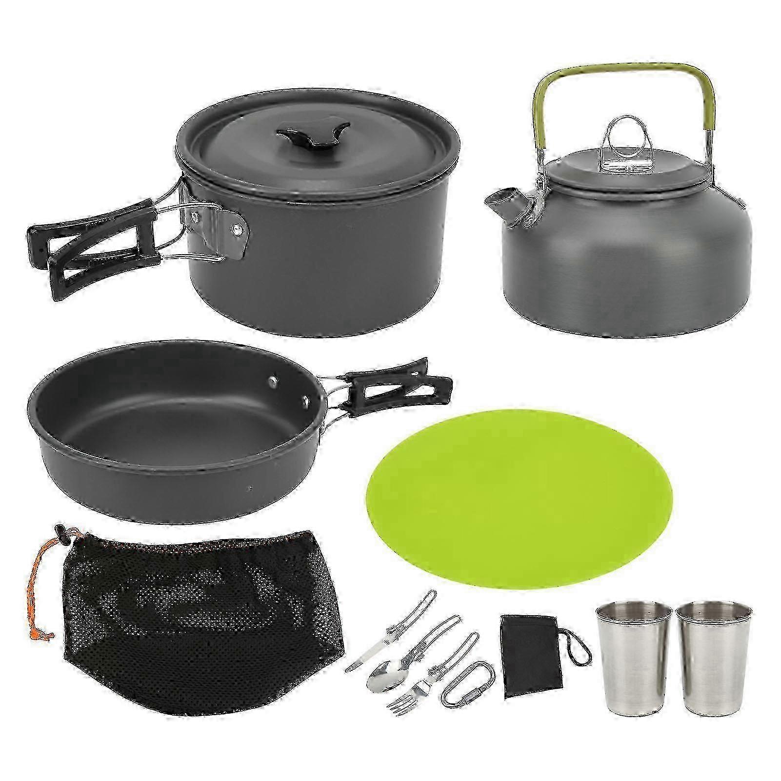 Camping Cookware Set, Portable Backpacking Cooking Kit, Pot, Teapot, Folding Fork, Knife, Spoon, Black