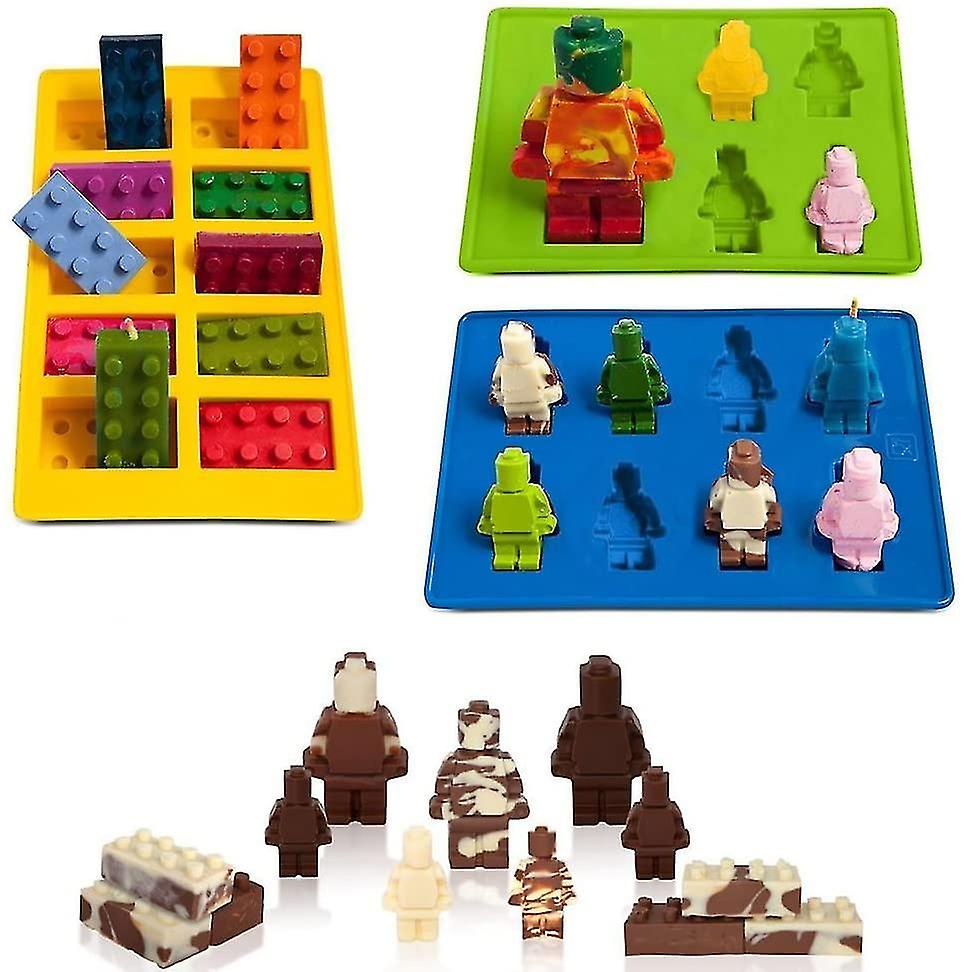 Bricks Mold, Silicone Molds Set for Building Blocks and Robots Birthday Cake Decoration Candy Molds Chocolate Molds Smile Ice Cube Candy Dessert Jello