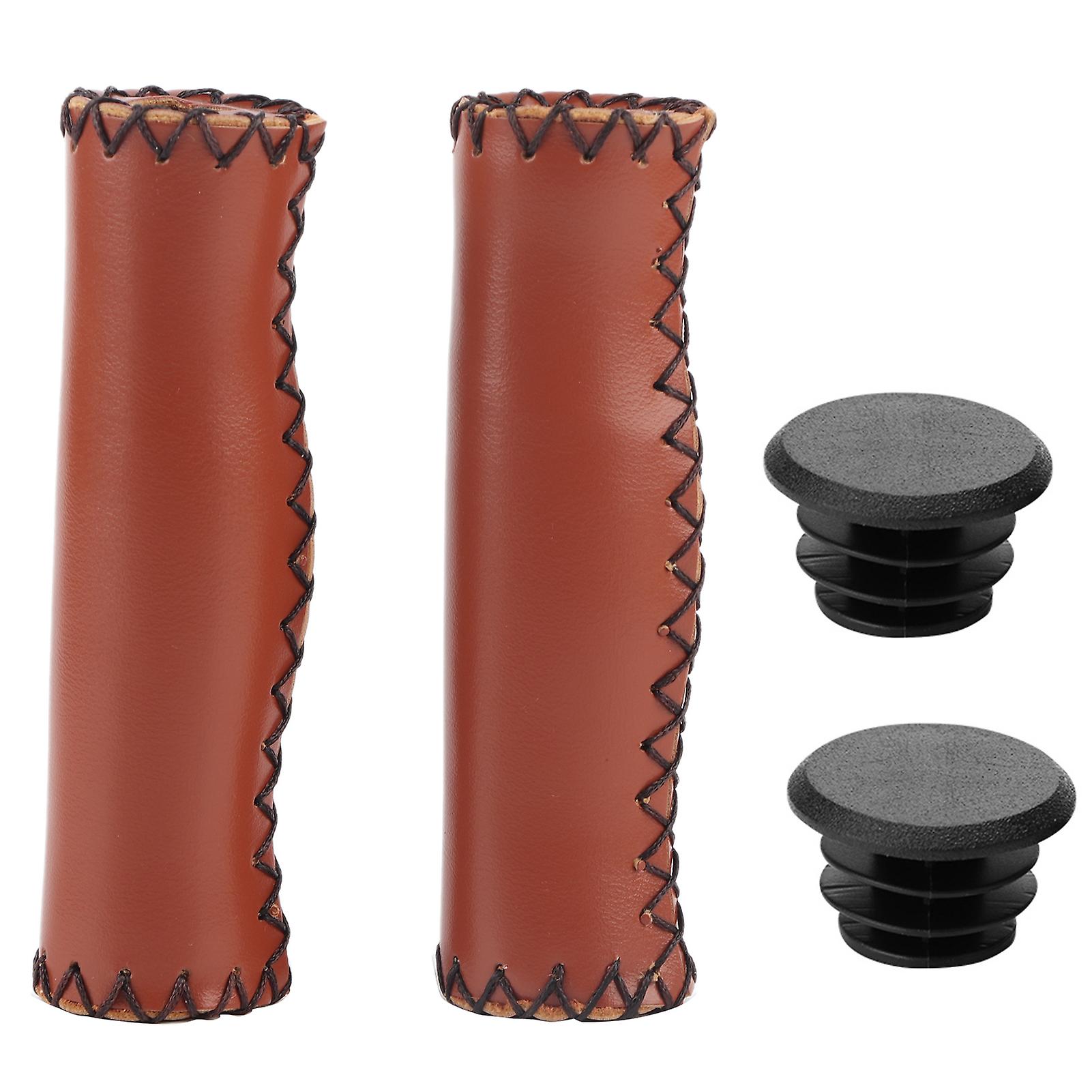 1 Pair Hand stitched PU Bike Bicycle Handlebar Handle Bar Grips with Plug(Brown)