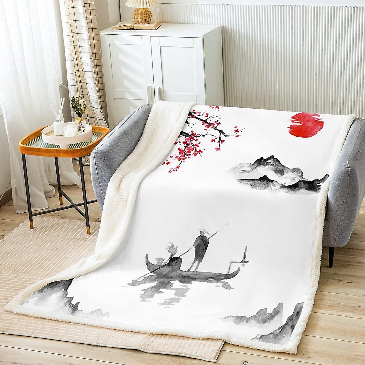 اليابانية Ukiyoe موضوع رمي بطانية Hokusai نمط الصوف رمي بطانية بطانيات أفخم على الطراز الياباني بطانية شيربا بيضاء للأطفال الأولاد والبنات أعزب