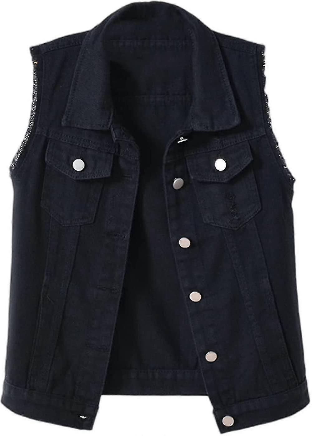 Womens Crop Denim Vest Jacket Sleeveless Button Down Ripped Casual Waistcoat Jacket