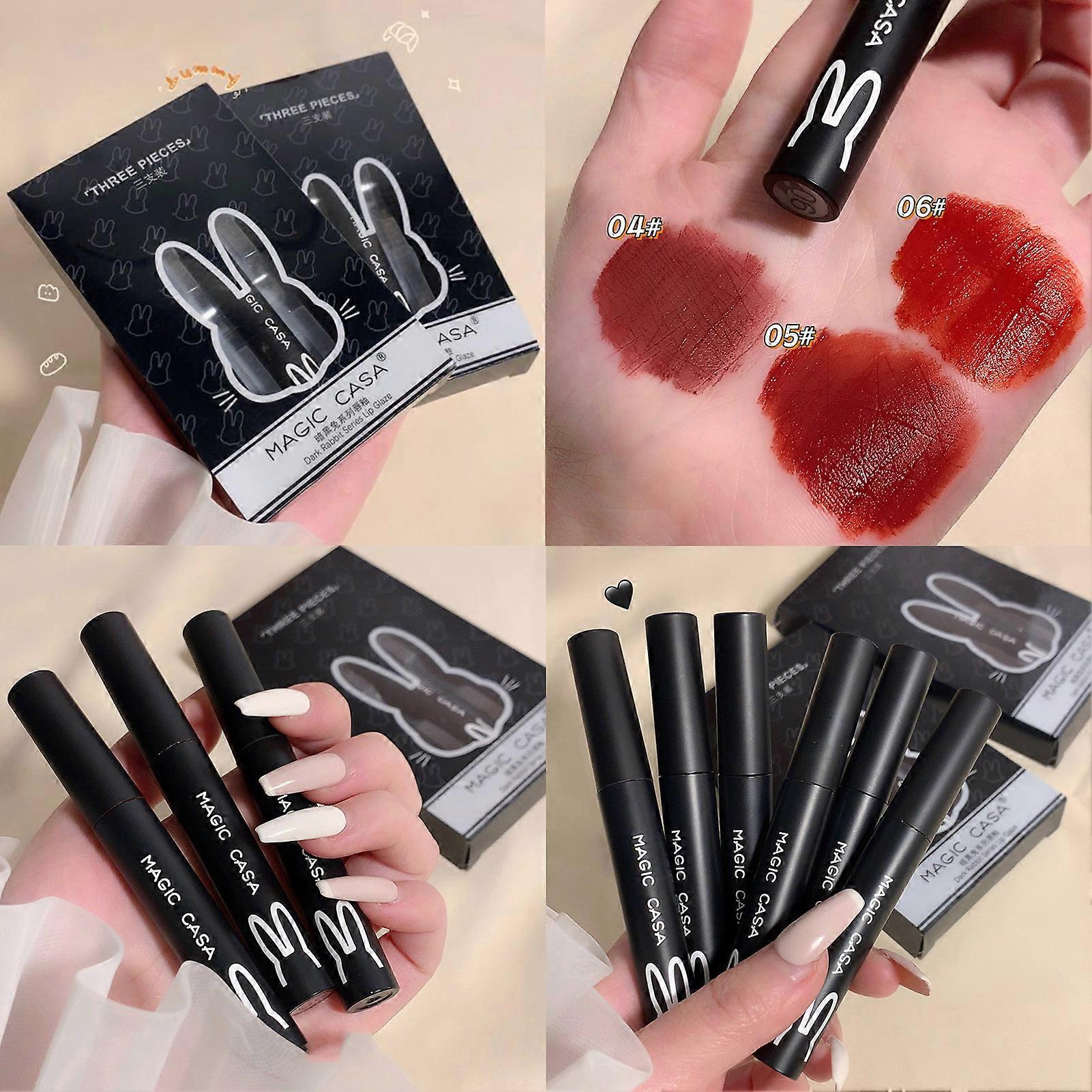 3pcs Cool Black Rabbit Lipstick Gift Set Bright Colors Long Lasting Matte Lip Tint for Valentine Christmas Gift