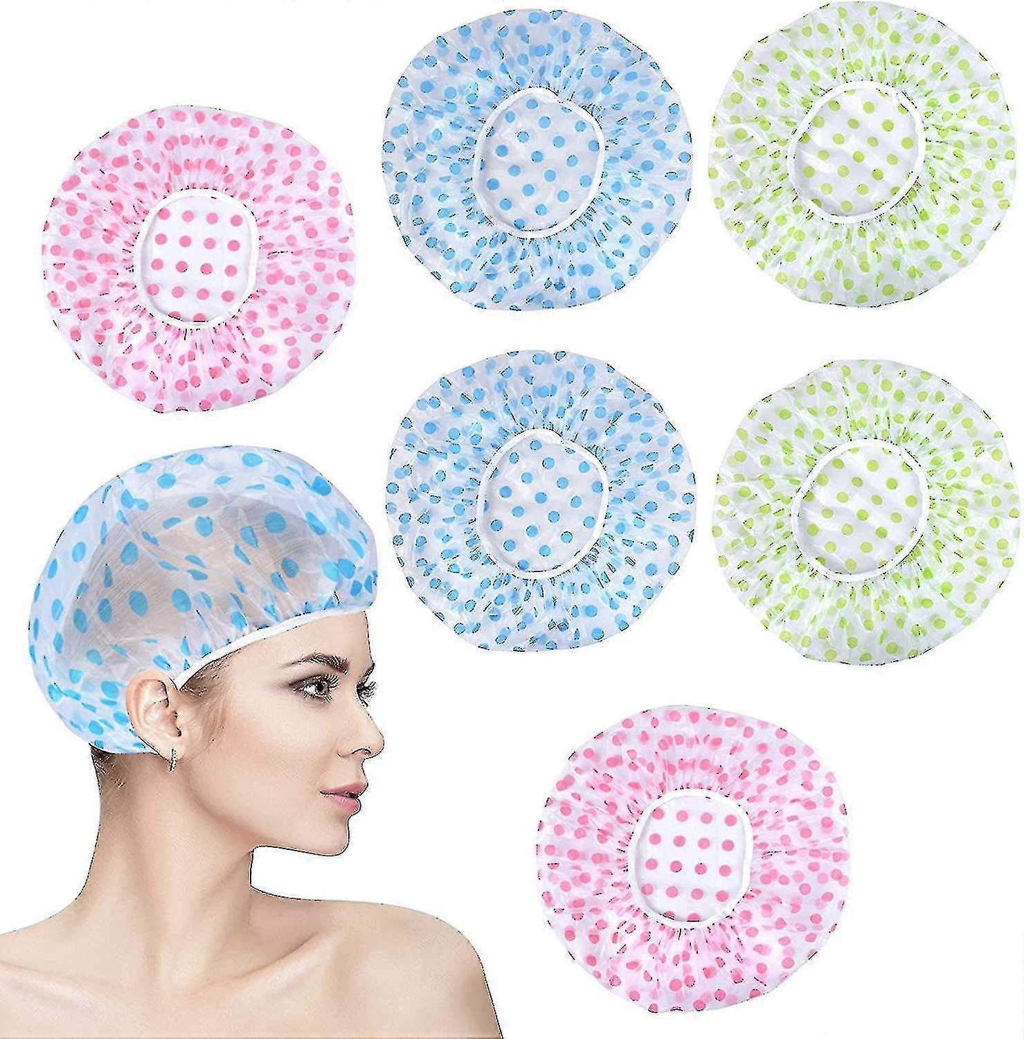 6 Pcs Printed Shower Caps Polka Dot, Bath Caps With Elastic Band, Reusable