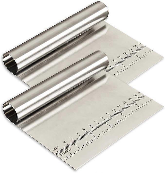 Set of 2 stainless steel dough scrapers with measuring scale, cake cutter, pizza cutter and bread separator