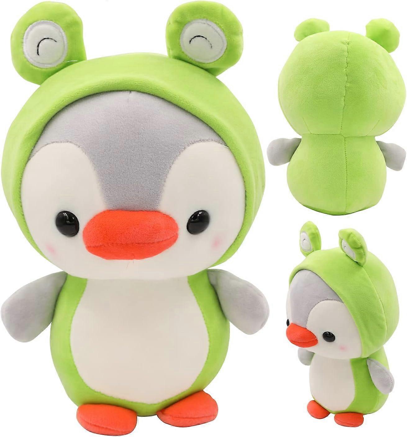 Penguin and frog plush toy in cute costume, small soft stuffed penguin picture in frog costume, adorable pillow for lovers