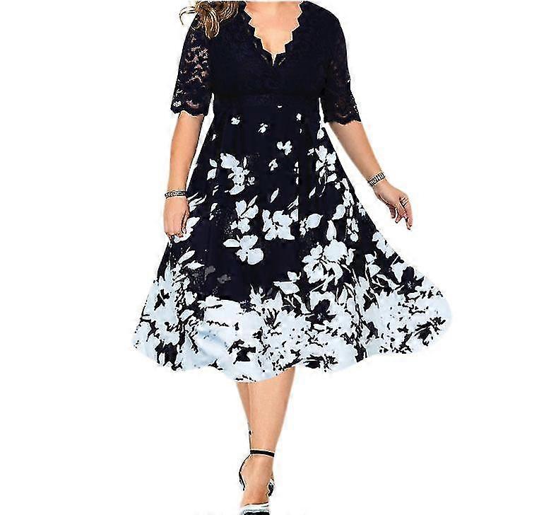 Plus Size V Neck Printed Lace Lace Mosaic Women's Dress