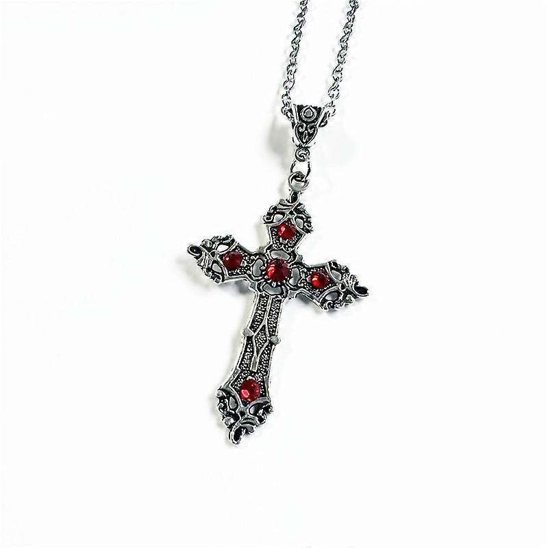 Large Baroque Christian Cross Necklace Silver Color with Crystals,Gothic Crucifix and Easter Jewelry,Unisex Bejeweled Crucifix