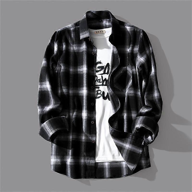 Męska czarno-biała koszula w kratę z długim rękawem Retro luźna koszula