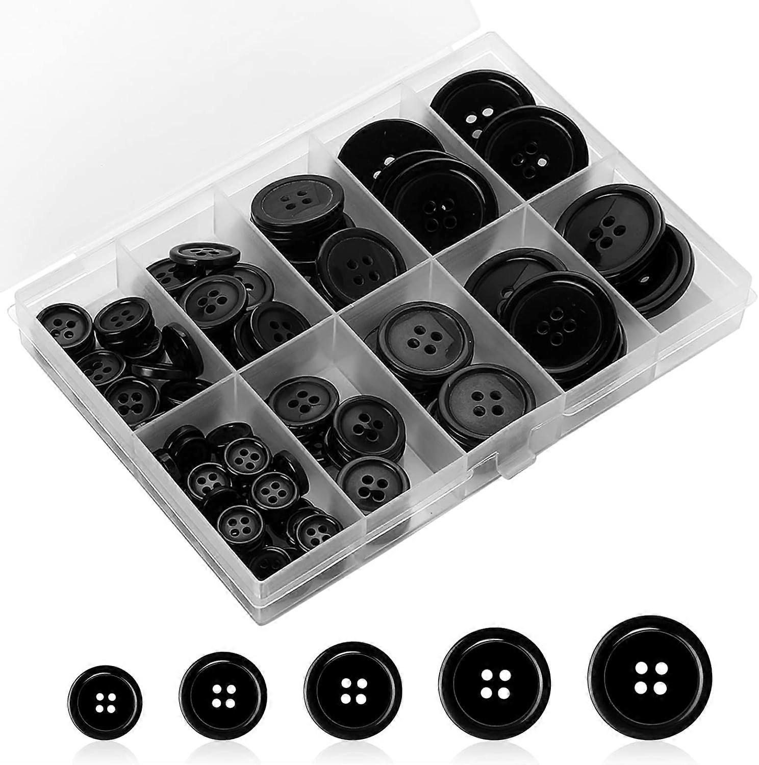 100 Pcs Sewing Buttons Round Black Buttons Resin 4-Hole Craft Buttons 5 Sizes Mixed Sewing Buttons Suitable for Sewing Suit Coat Shirt