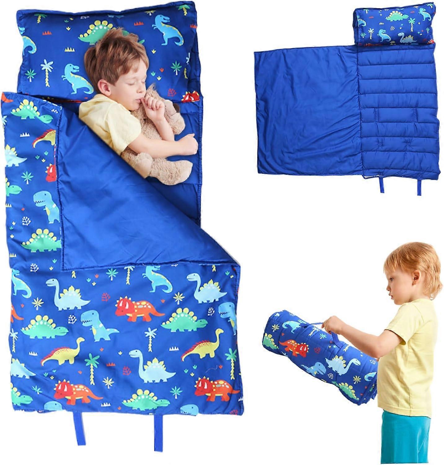 Toddler Nap Mat with Pillow and with Handle Portable Roll Up Kids Sleep Bag Nap Mats for Daycare Preschool, Dinosaur Nap Mat