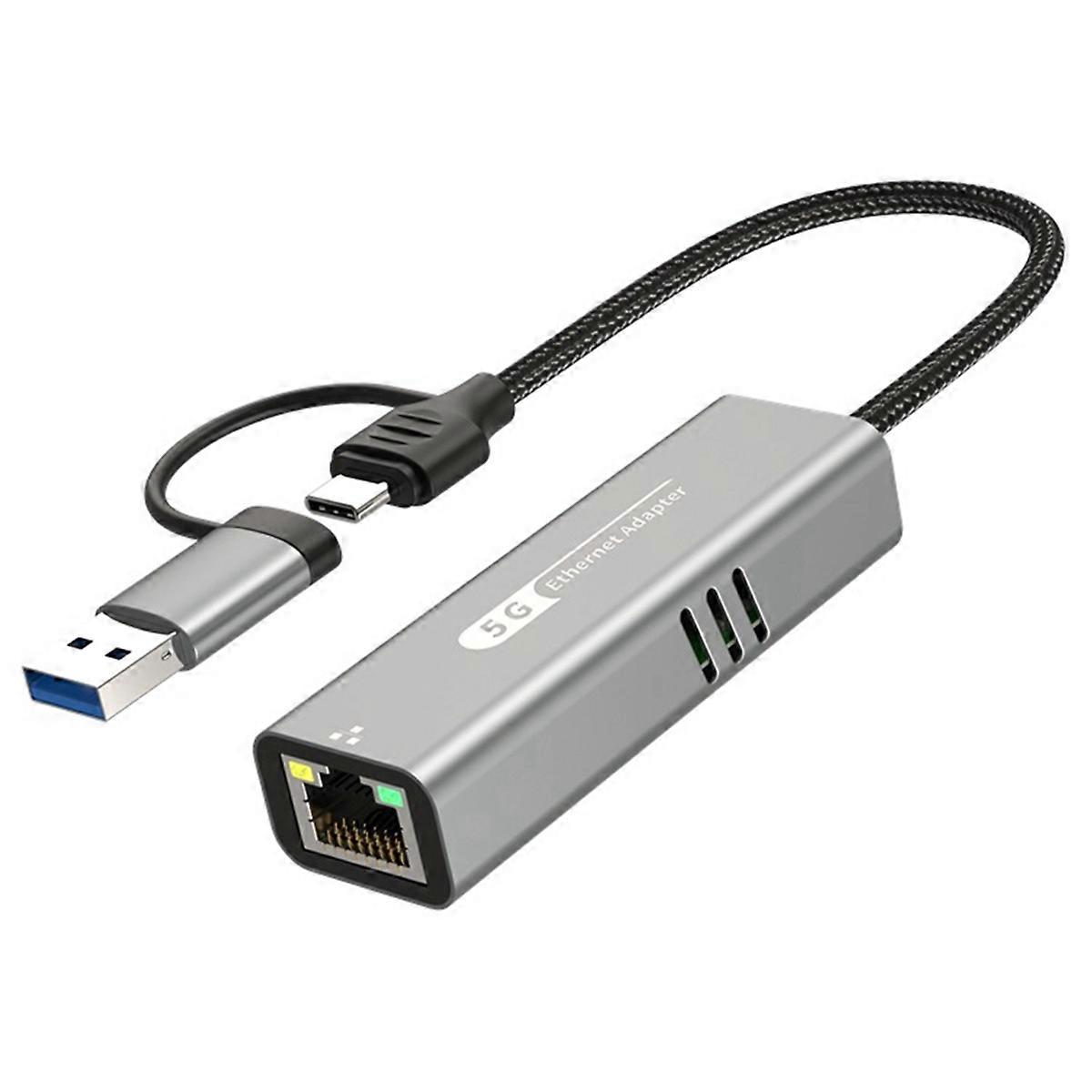 USB 3.0+Type-C to 5G Wired Network Card Adapter 1000 Mbps Network Adapter RJ45 Network Port for Lap