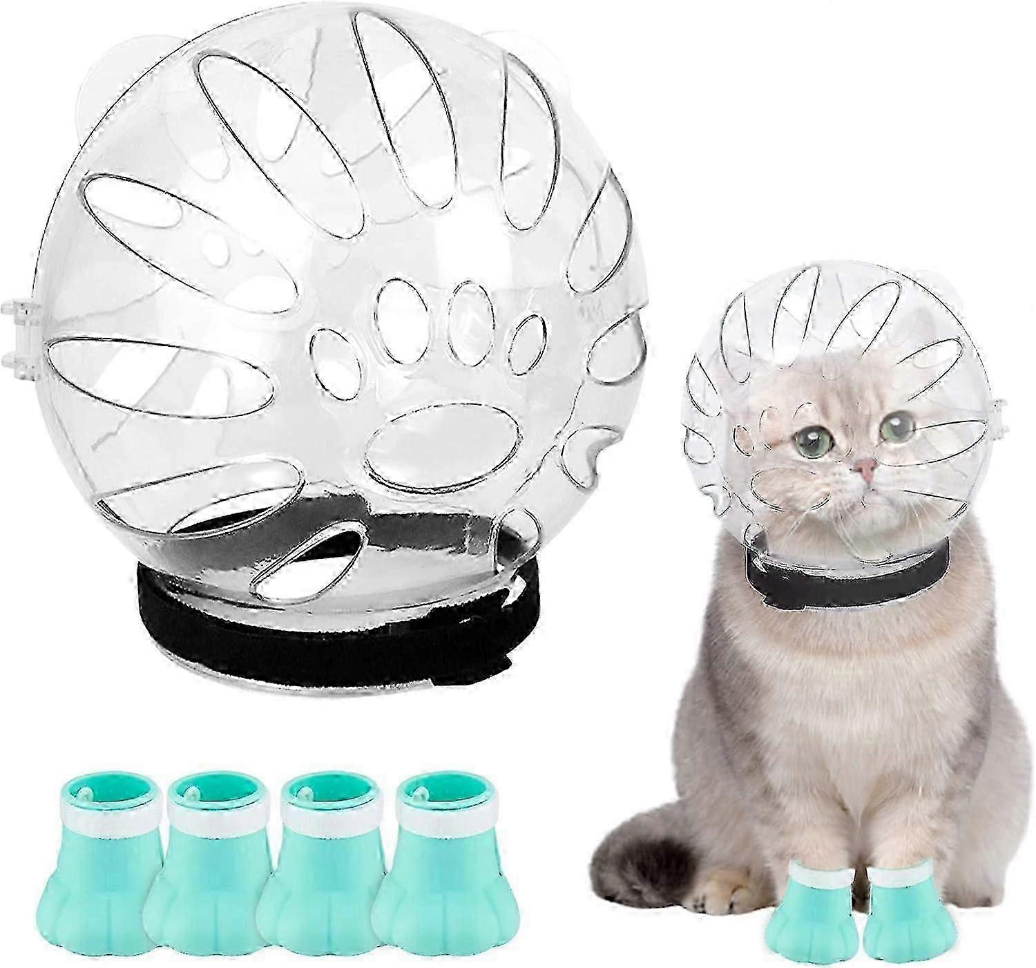 Cat Muzzle and Cat Paw Boots: Adjustable Breathable Cat Helmet, Cat Bubble Helmet Hood Kitten Anti Bite Muzzle and 4 Silicone