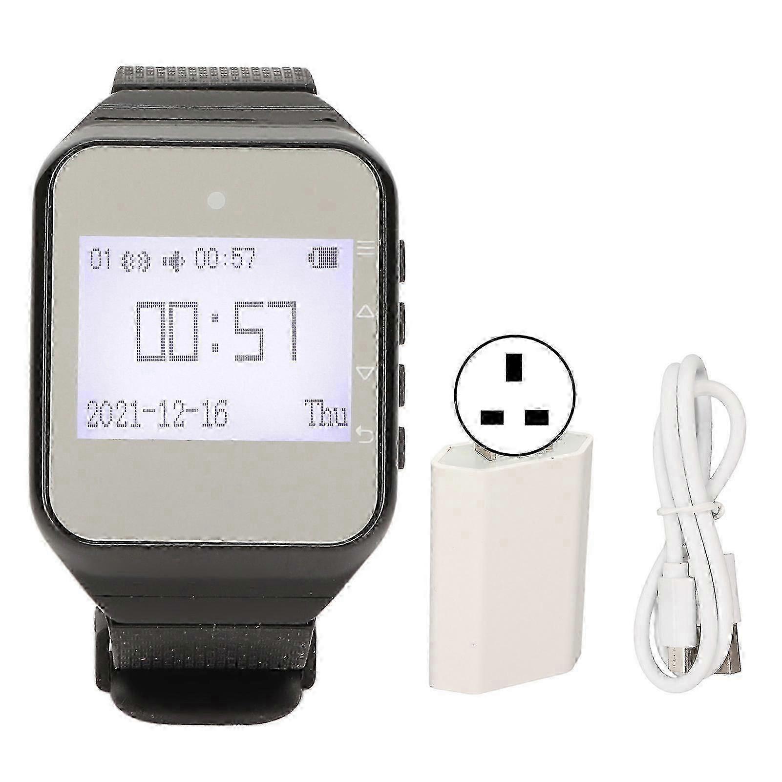 Watch Pager LCD Calendar Display One Button Alarm Vibration Wireless Calling System for Catering Factories UK Plug Black
