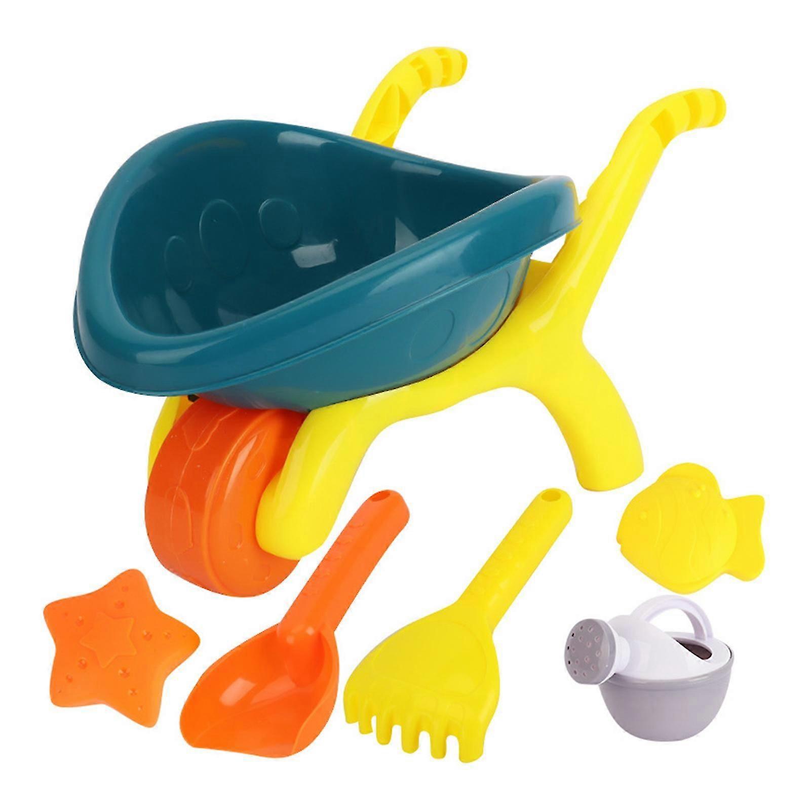 Set of 6 Trolley/Truck/Bucket Beach Toy for Sand Play Set with Cart Watering Can Rake Shovel and 2 Mini Molds for Kids