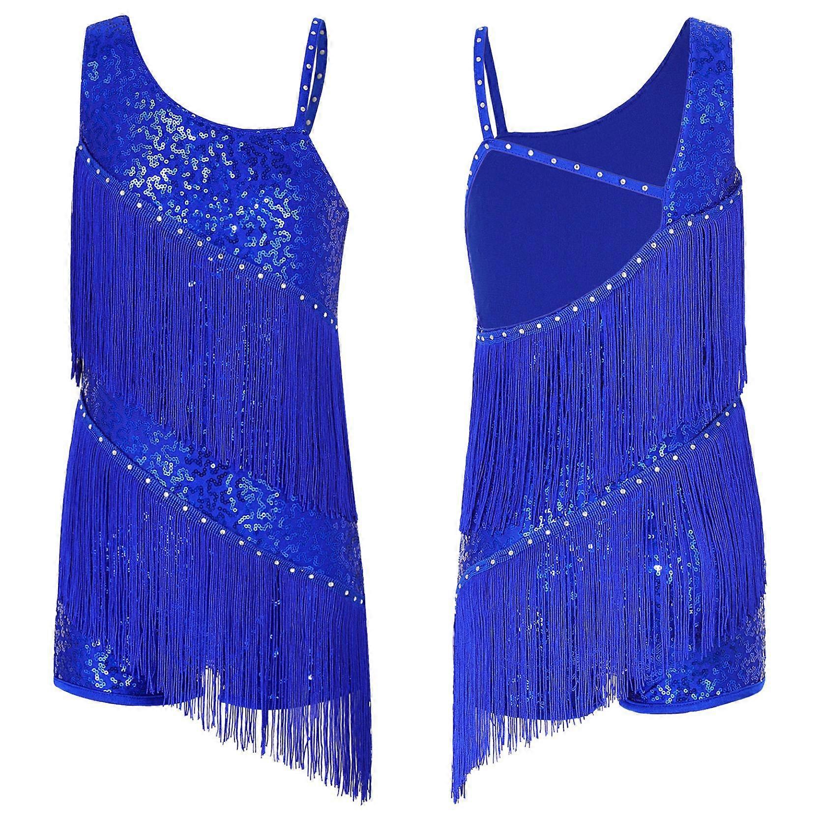 Kids Dancewear Rhinestone Sequins Decor Outlook Tassels Shorts Bottom Bodysuit for Girls Stage Latin Dance Costume