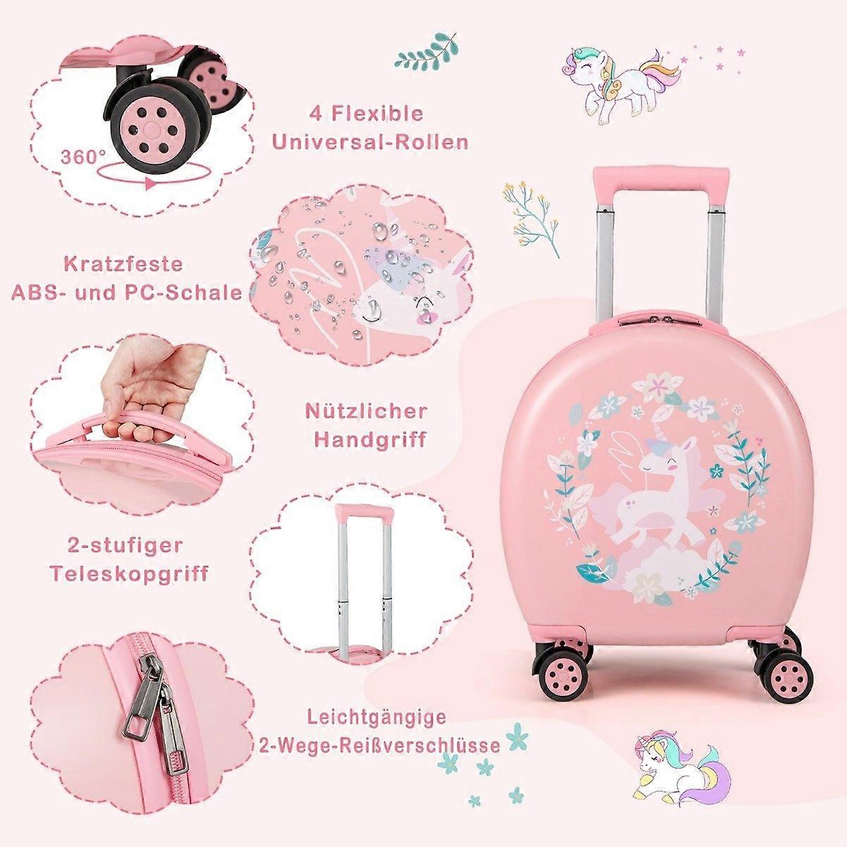 4-Piece Children's Suitcase + Backpack 10"+14" Stroller with Wheels Pink