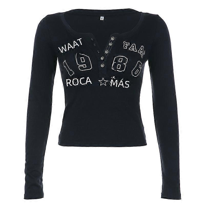 CIBBAR Women's Vintage Letter Print V-Neck Button Down Full Sleeve Retro Grunge Style Top for Fall and Winter