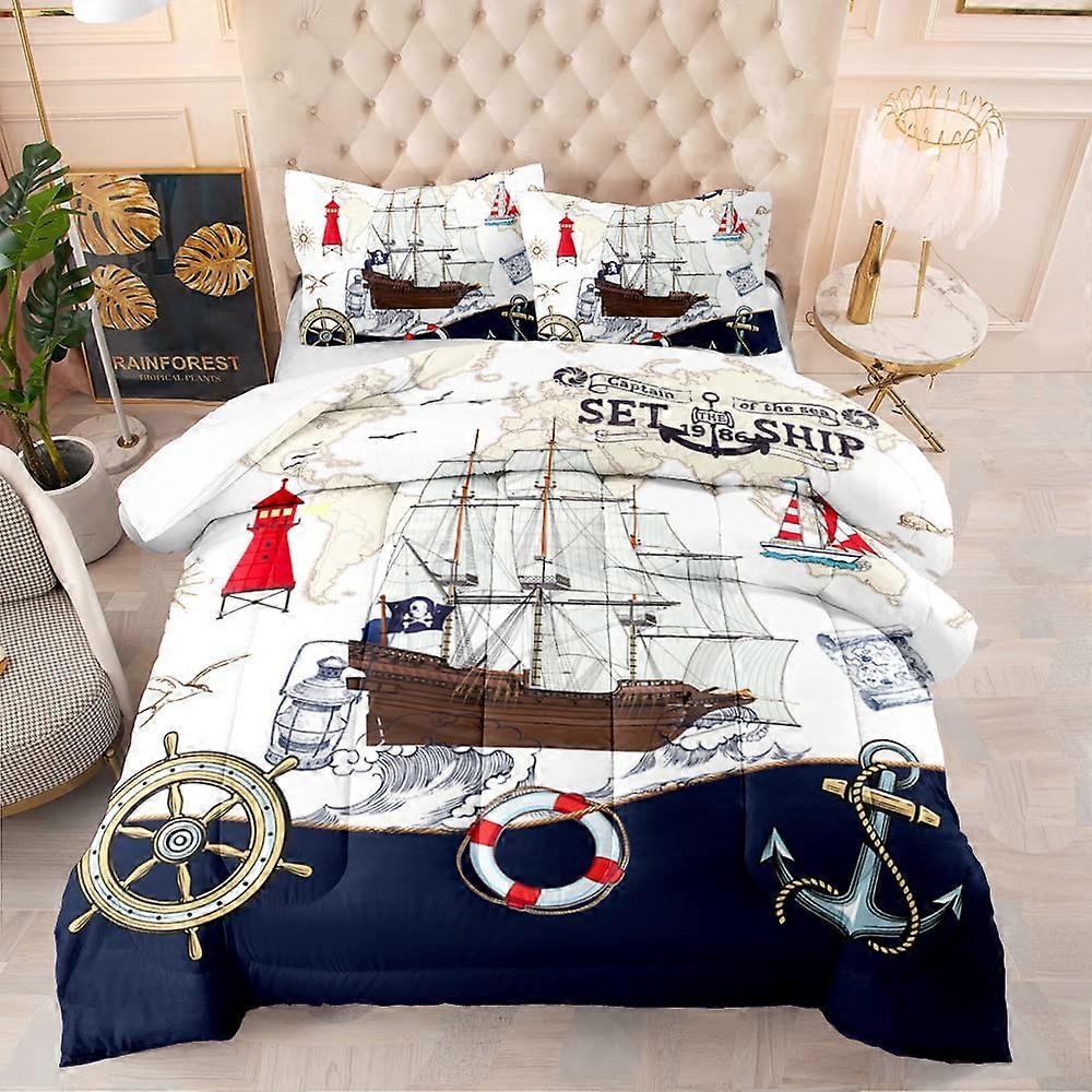 3 Piece Comforter Set Blue Ocean Navigation Skull Pirate Ship for Kids Twin Size