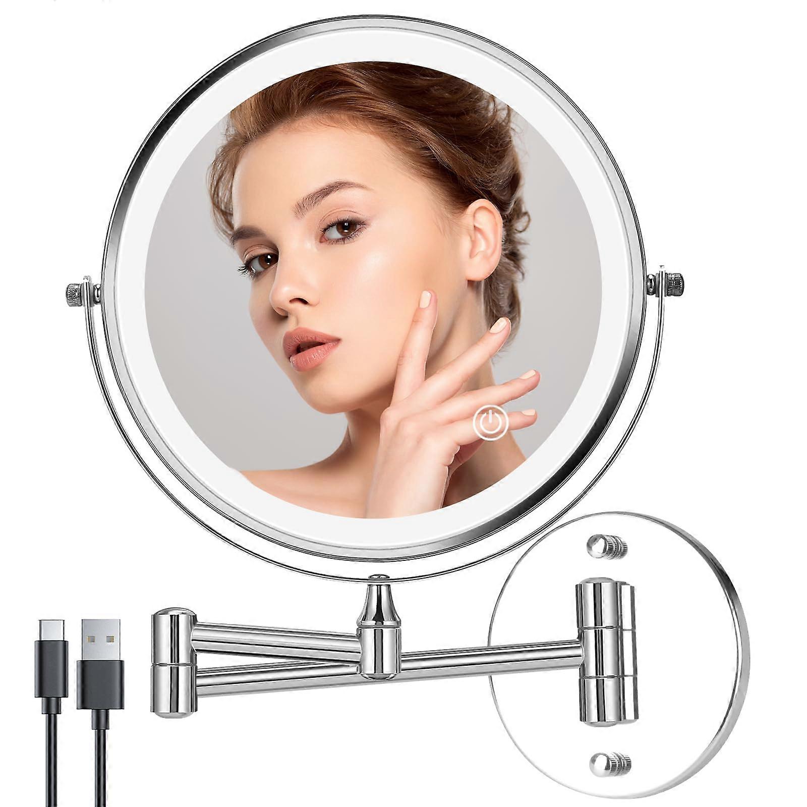 8 Inch Vanity Makeup Mirror Wall Mounted Double Sided 1X 10X LED Magnifying Chrome 3 Color Lights 360 Degree Swivel 13 Inch Extendable