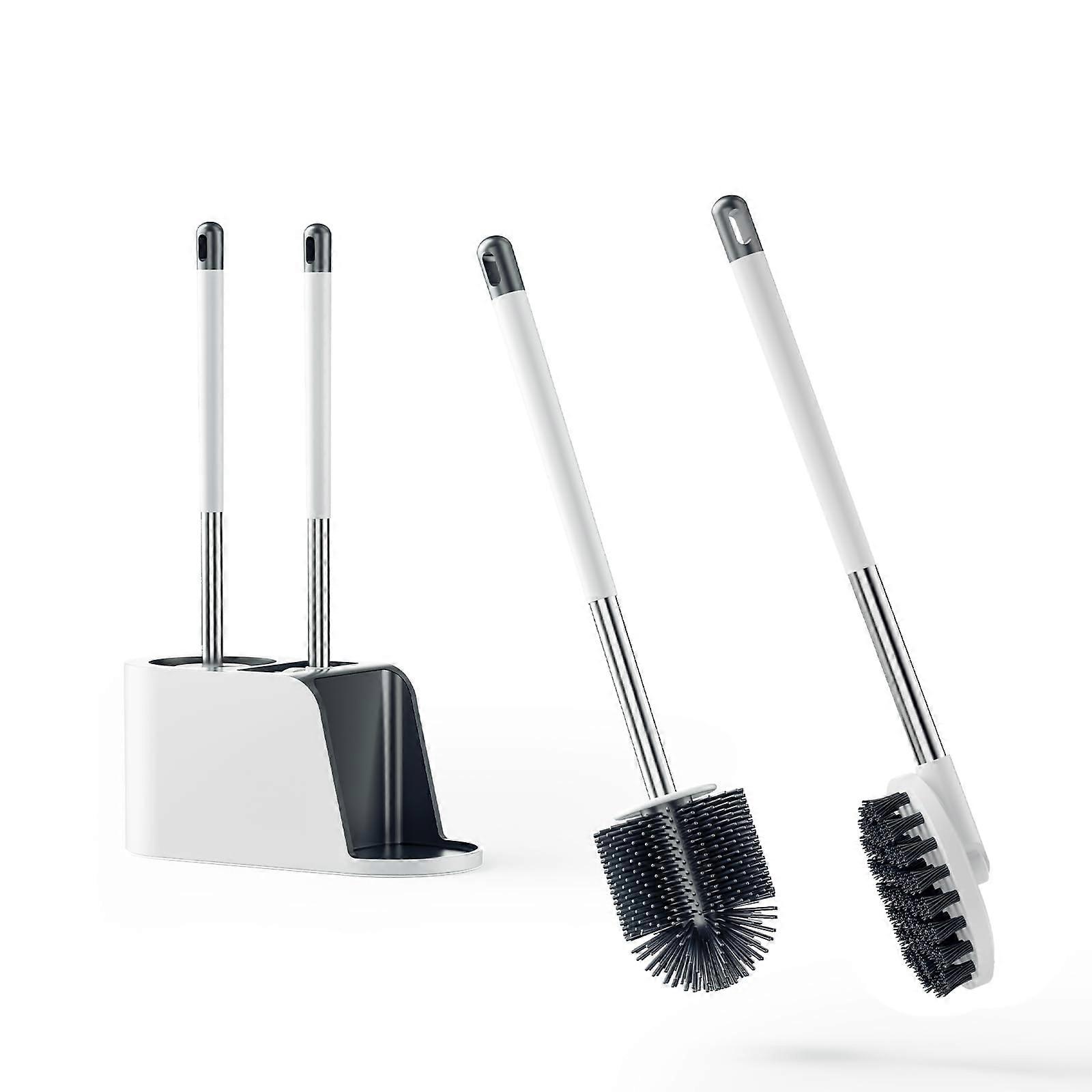 2 Set Toilet Brush with Soft Silicone Bristle and Scrubbing Bristle for Toilet and Convenient Storage with No-Slip Long Handle