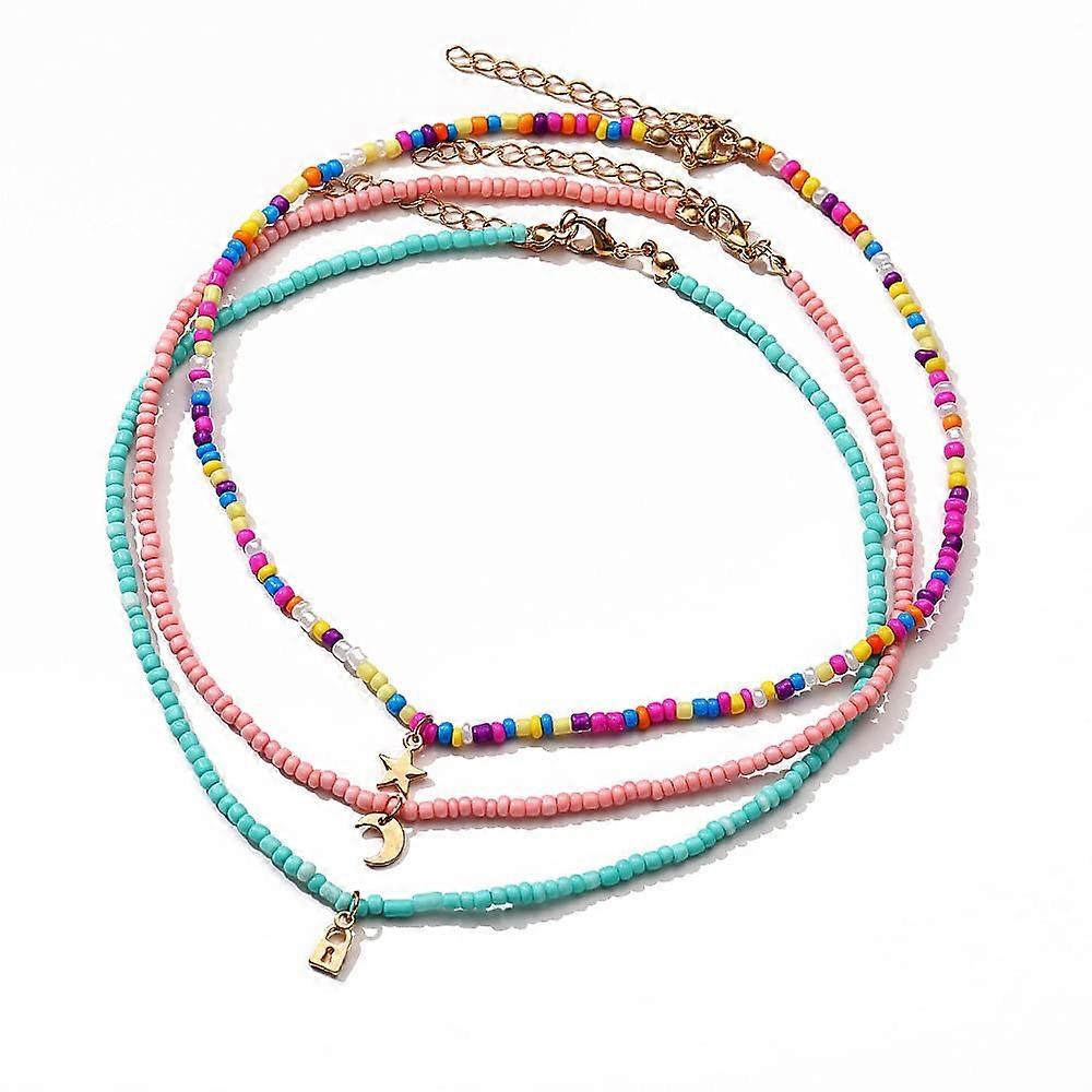 3 boho handmade multi -layer necklace rainbow colored beads connection chain moon star lock necklace
