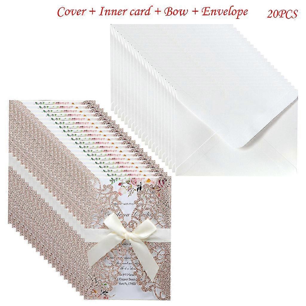 Apple Gold20pcs Glitter Hollow Invitations Cards with Envelopes Ribbon for Wedding Invite