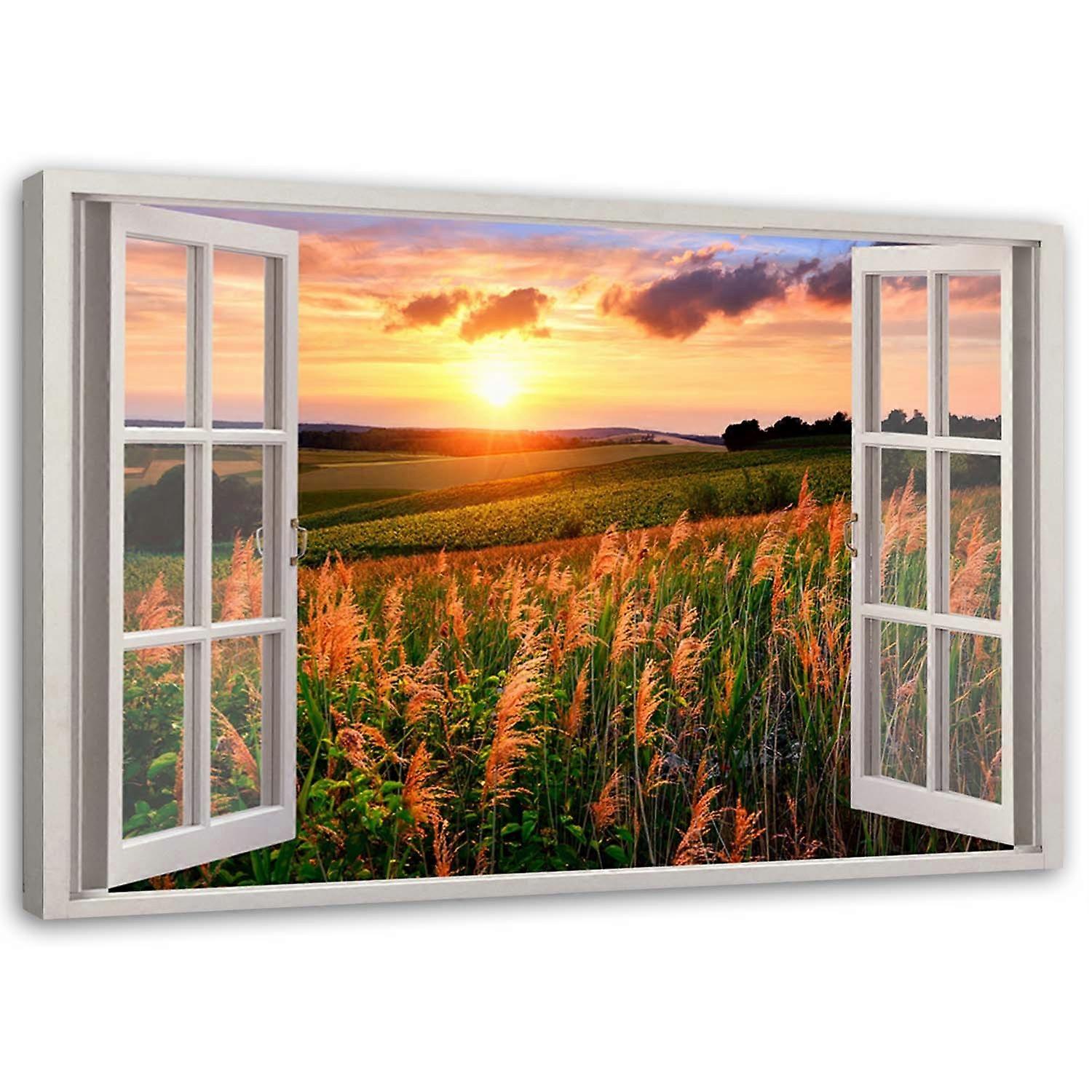 Leinwandbild, Fenster - Blick auf ein Blumenfeld - 60x40