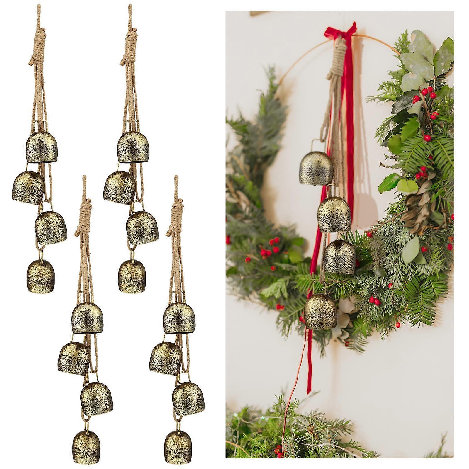 4 Sets Christmas Cow Bells with Rope Rustic Hanging Iron Wrought Bells Chimes