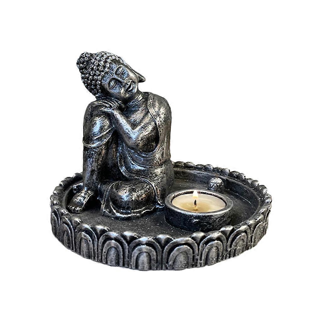 Sleeping Buddha Statue Ornament with Incense for Burner Tealight Candle Holder D Ancient silver