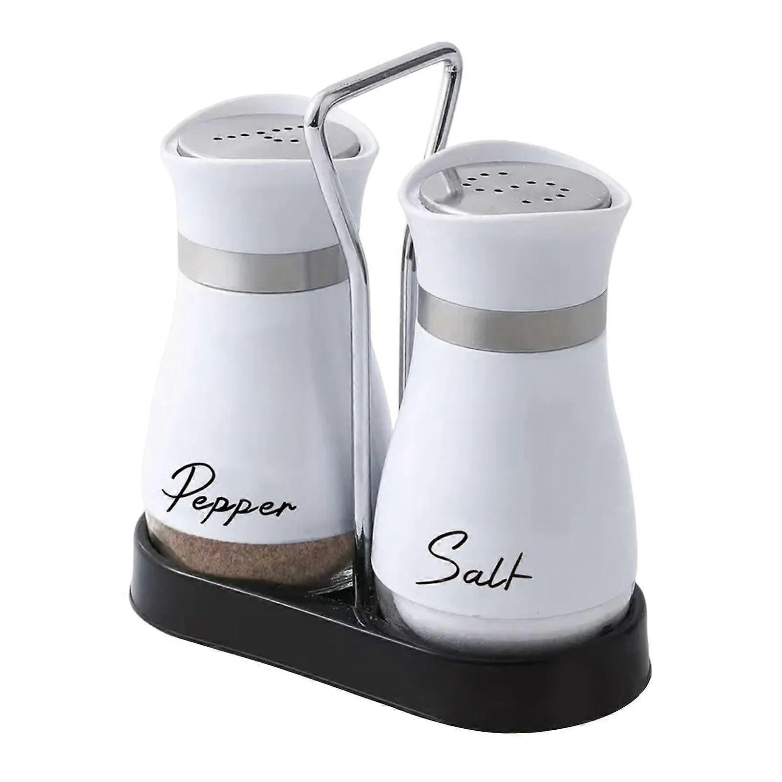 2-Piece 4oz Salt Pepper Shakers Set with Stand, Glass Bottle & Stainless Steel Lid for Kitchen RV BBQ
