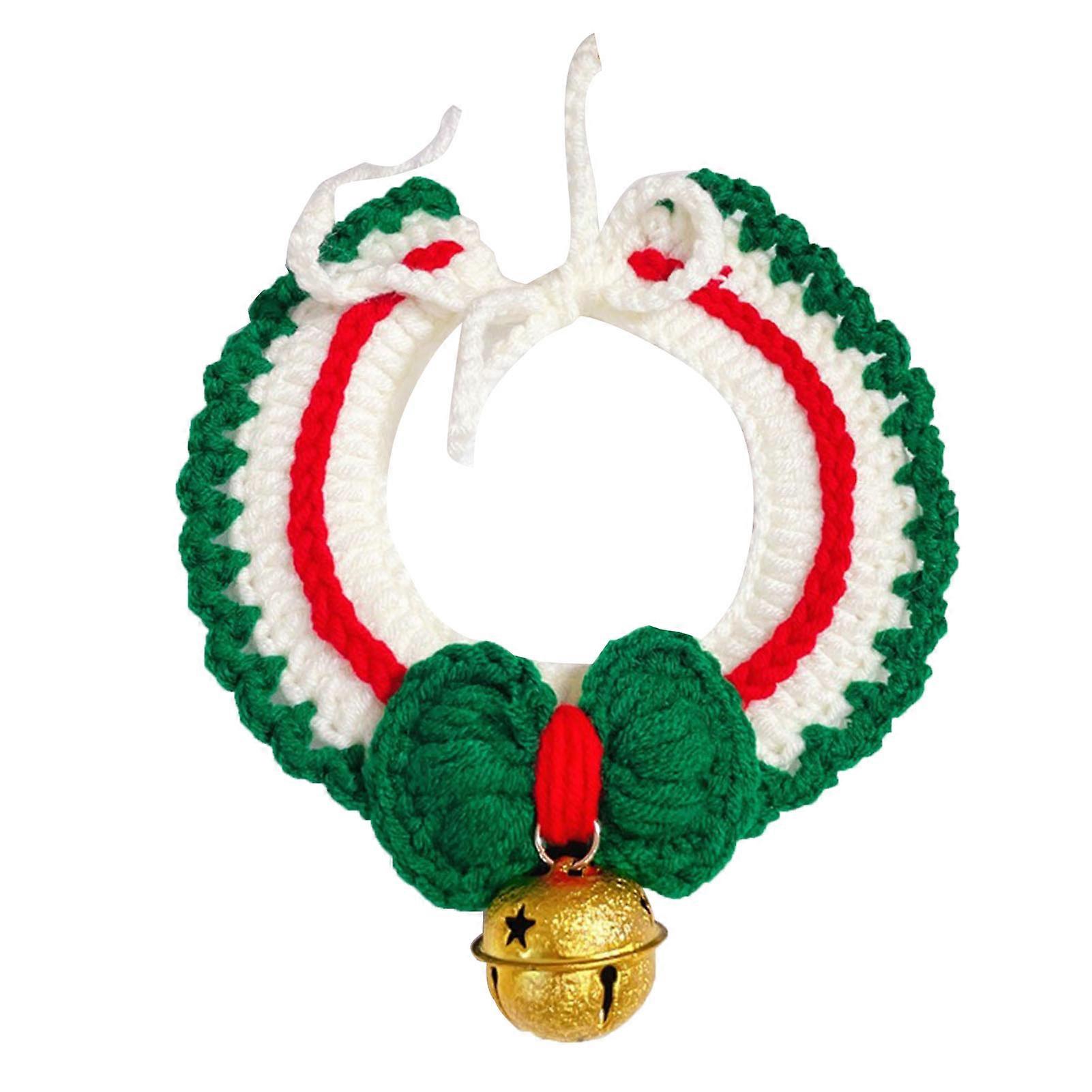 Pet Christmas Collar Adjustable Cute Hand Woven Cat and Dog Knit Cat Collar Scarf with Bell M Golden Bells Green Collar M