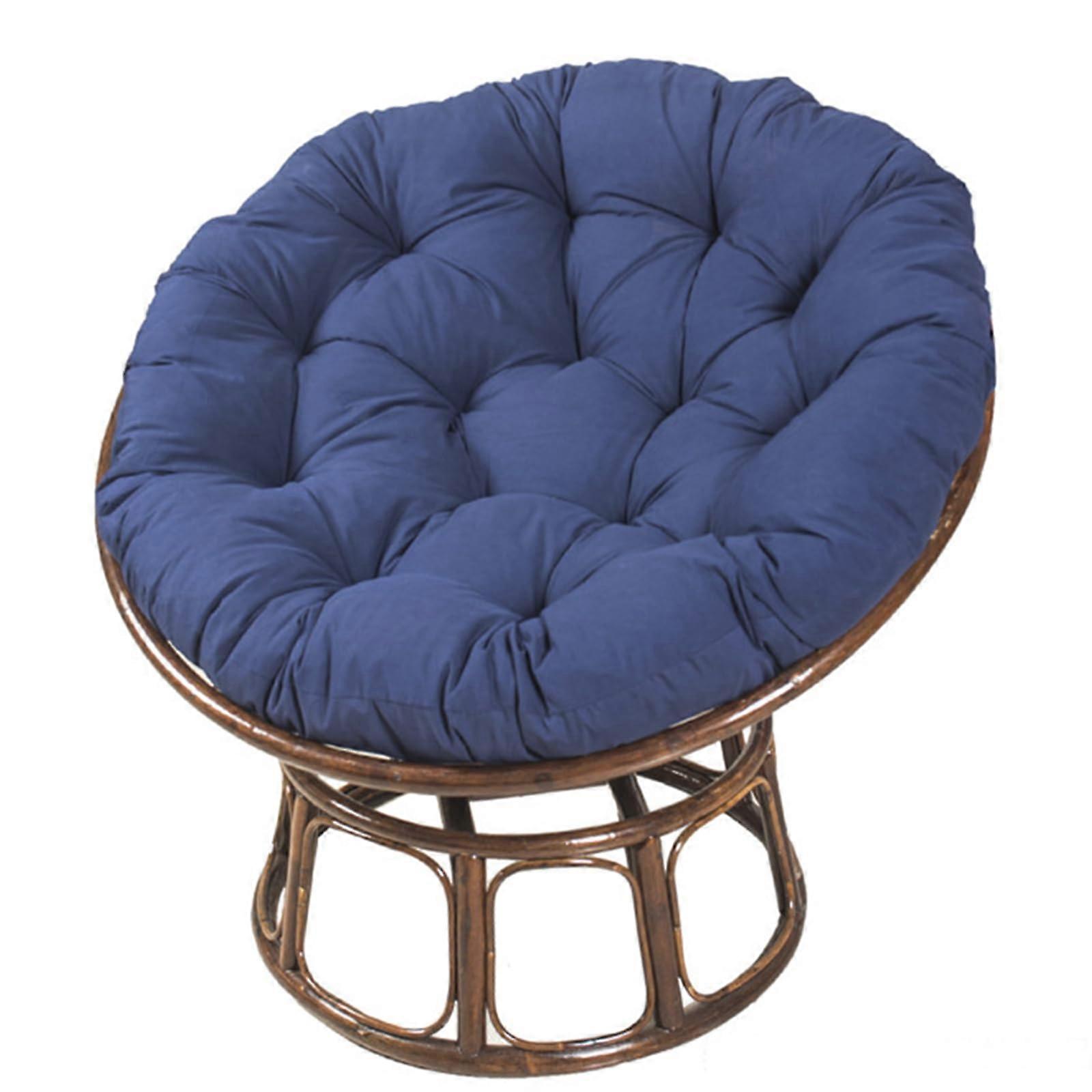 Round stool cushion with thick pearl cotton filling for rattan egg chair, removable with nonslip straps, dark blue.
