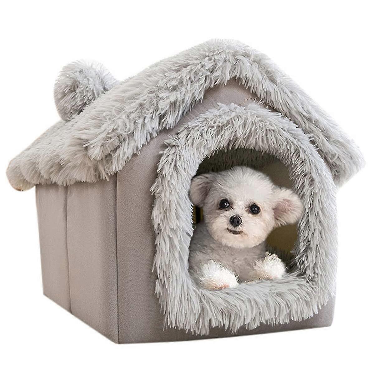 Soft Plush Dog House Pet Tent Cat Cave Winter Warm Foldable Kennel Large Grey Indoor Use