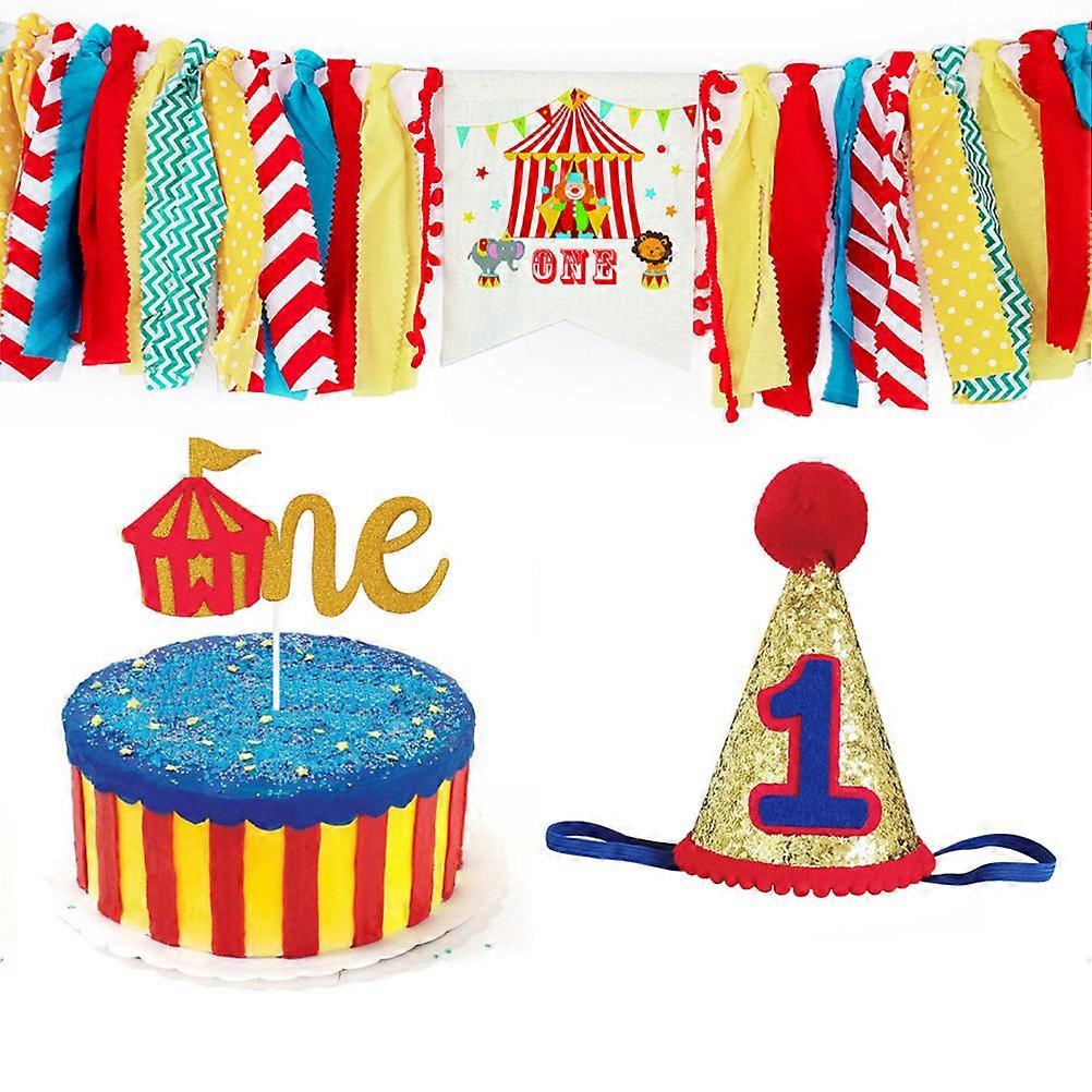 Circus Happy Birthday Banner Highchair Decoration One-Year-Old Photo Backdrop Hanging Banners 3Pcs Home Decor